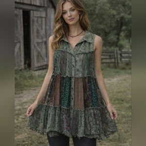 Young Threads Boho Patchwork Tunic Top | Sleeveless Tiered Floral | Festival